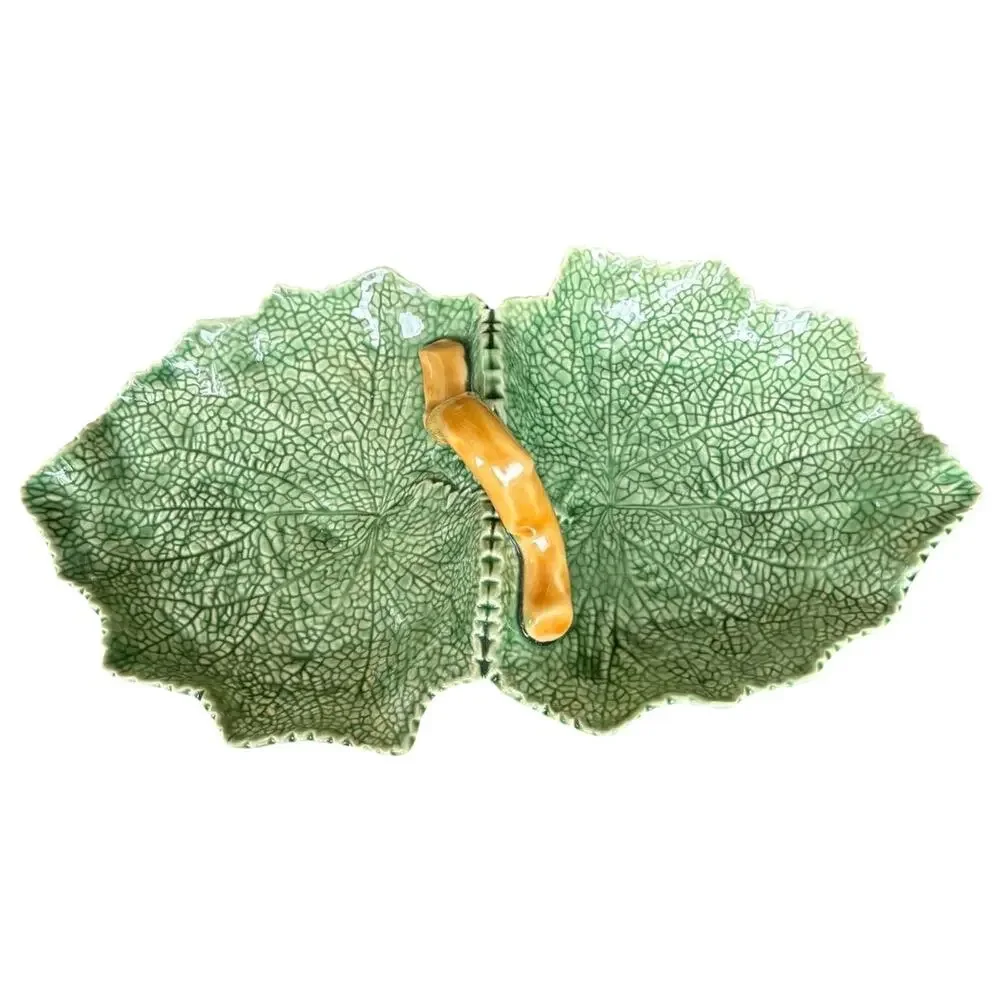 Bordallo Pinheiro Cabbage Leaf Double Dish Portugal Green Majolica Serving Tray